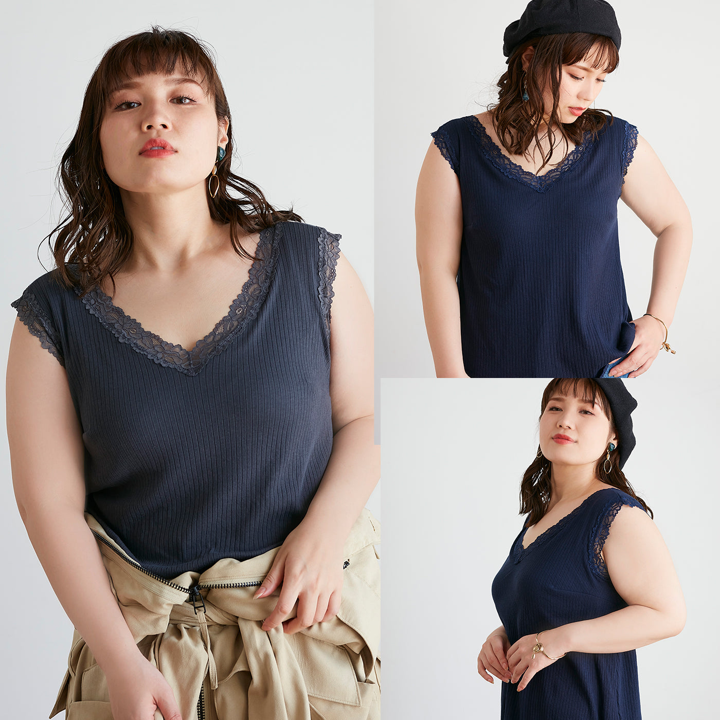 【3L〜6L】ワイヤーで支えるキャミ(チャコール)_90507-47