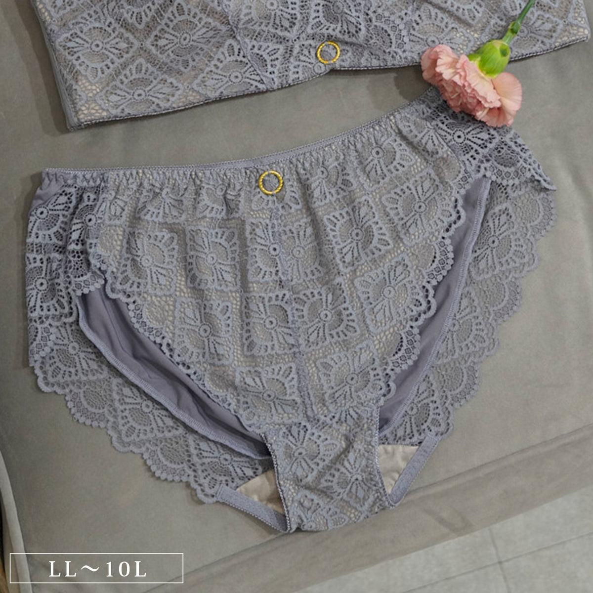 【LL〜10L】美胸ノンワイヤー+ペアショーツ(グレー)_90607-48