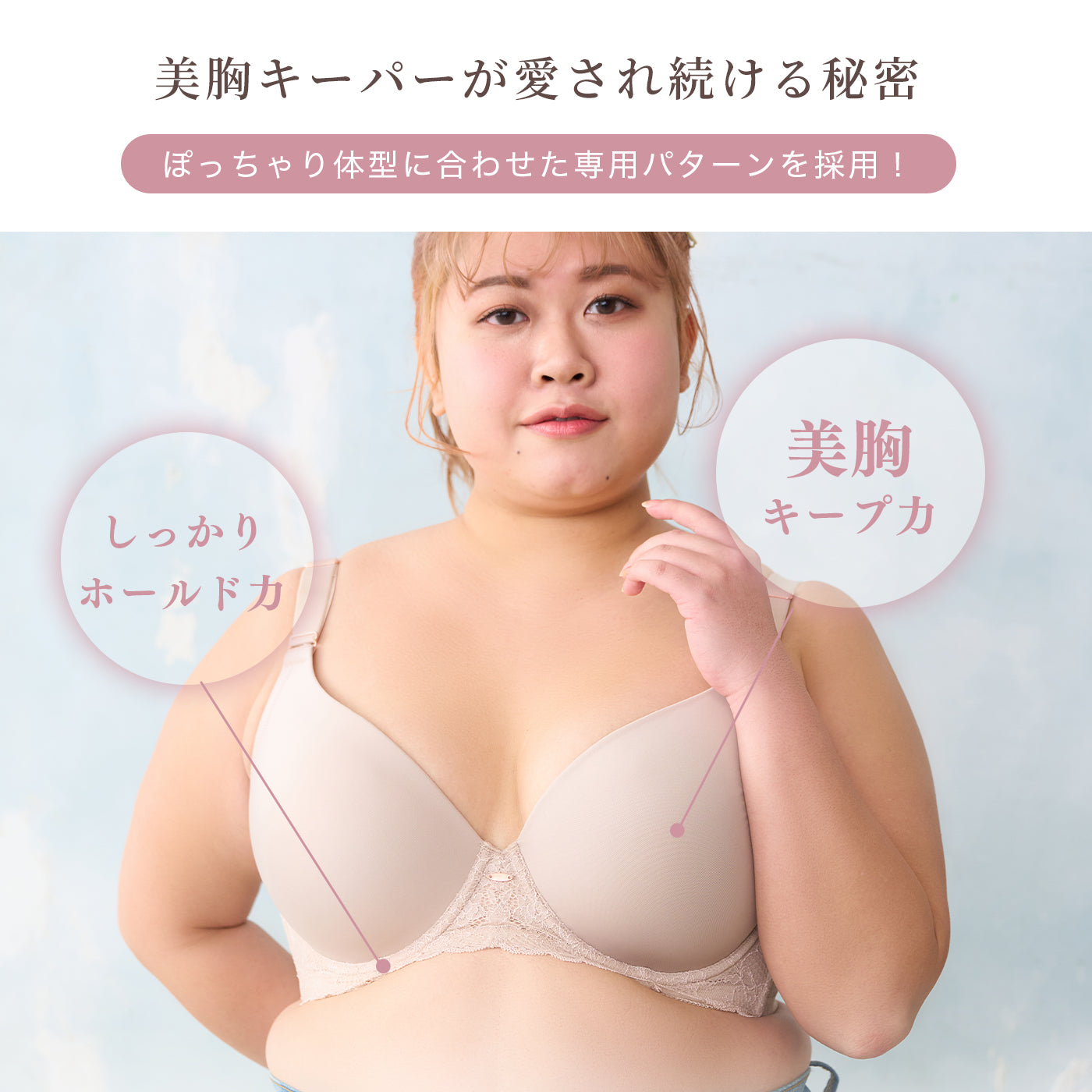 しっかりホールド・美胸キーパー3/4カップブラ(ピンクベージュ)機能説明|ワイヤーブラの特徴|グラマープリンセス