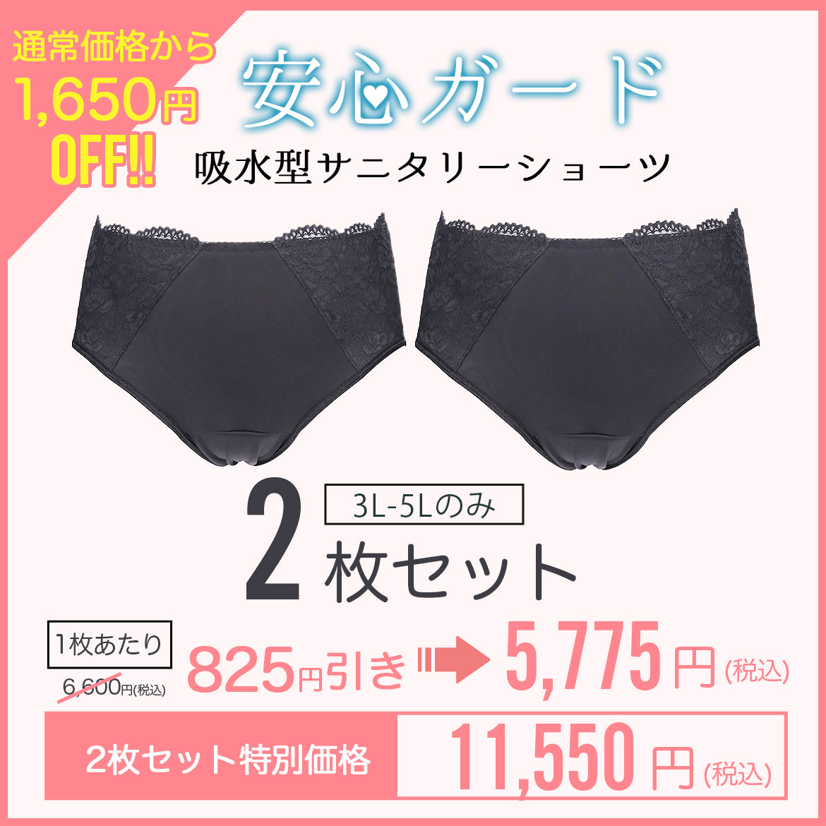 【3L~5L】 吸水型サニタリーショーツ2枚組セット(ブラック)_45573-51