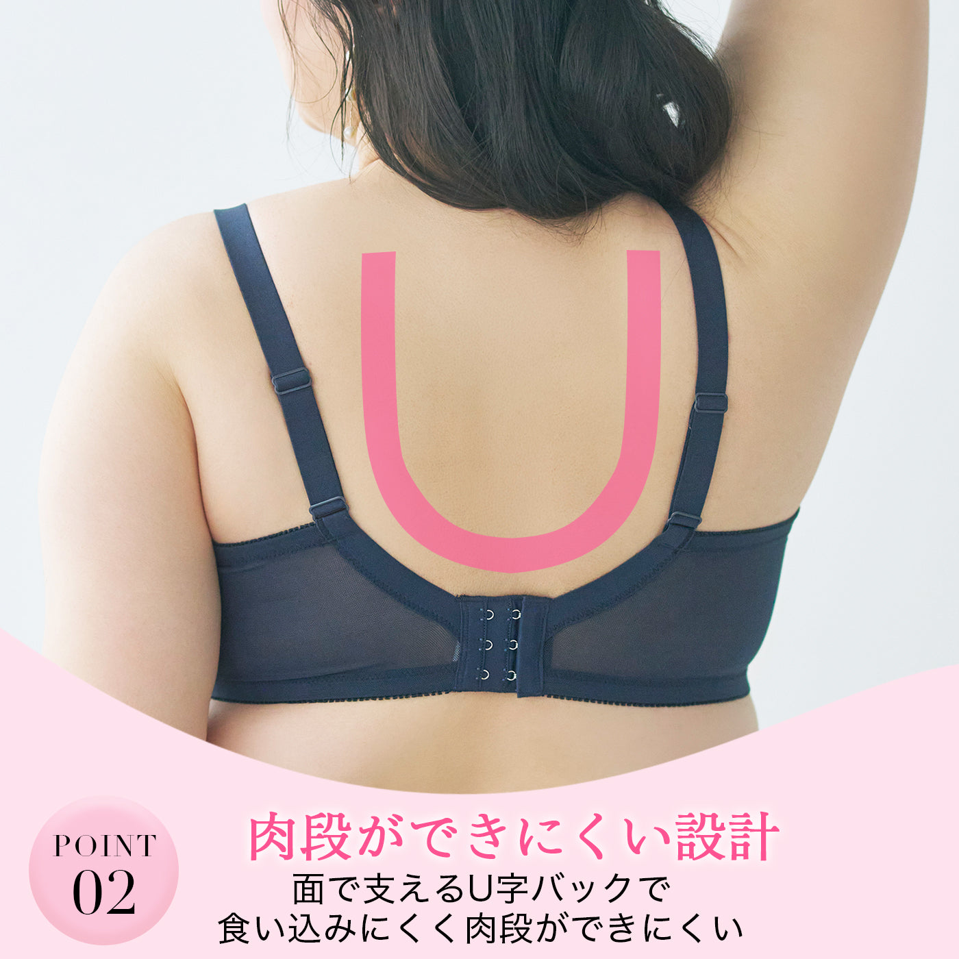 POINT02 面で支えるU字バック設計｜食い込みにくく肉段ができにくいバックスタイル