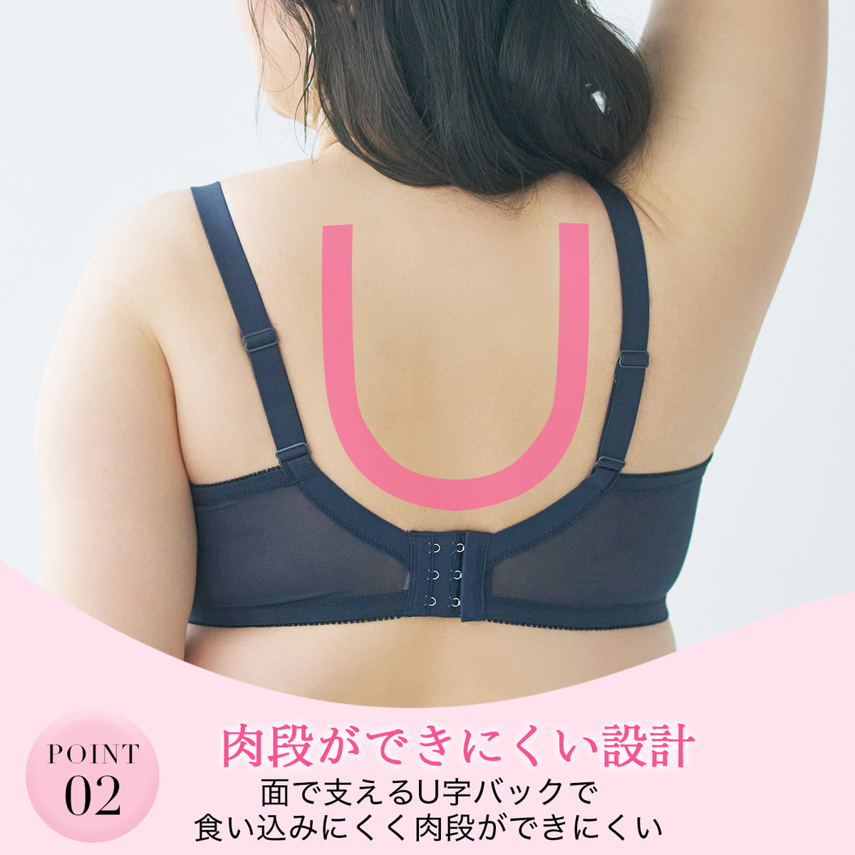POINT02 面で支えるU字バック設計｜食い込みにくく肉段ができにくいバックスタイル