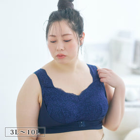 ナイトブラ フロントホックタイプ ネイビー 着用イメージ 花柄レース 大きいサイズ 3L〜10L