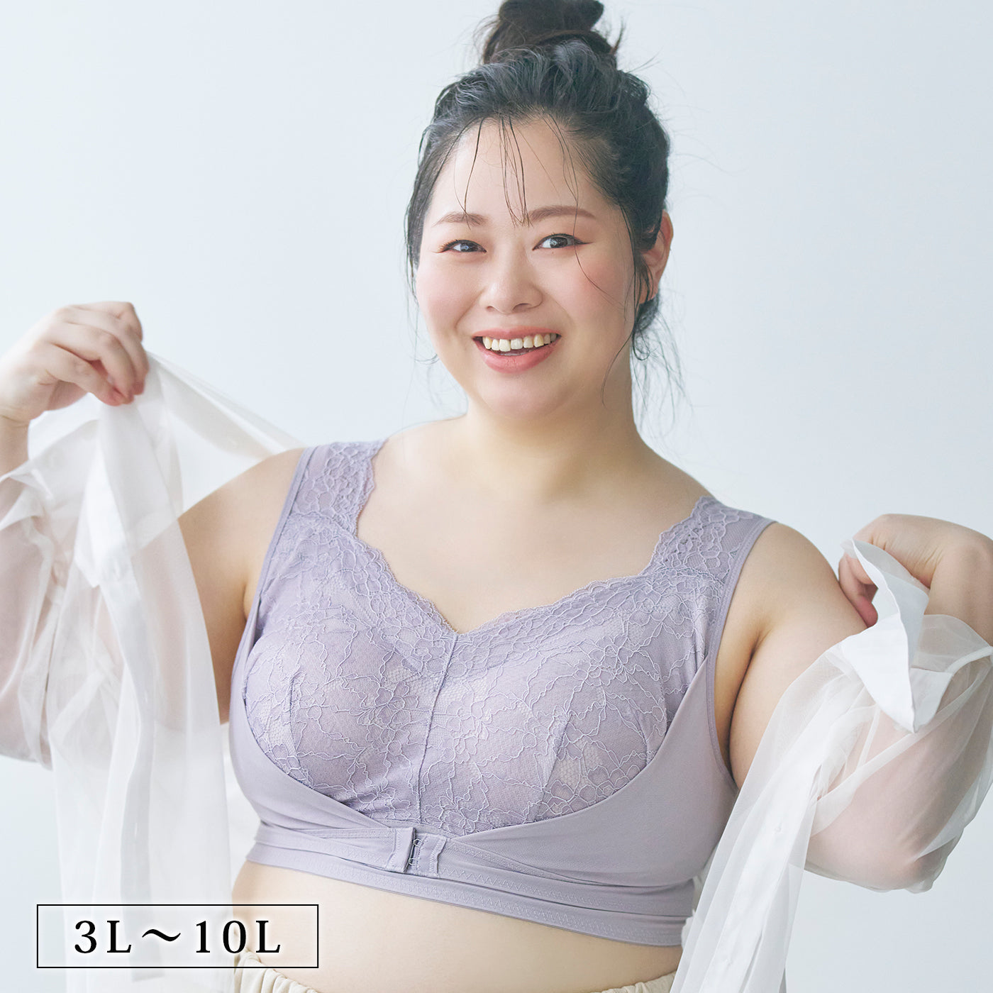 ナイトブラ フロントホックタイプ モカ 着用イメージ 花柄レース 大きいサイズ 3L〜10L