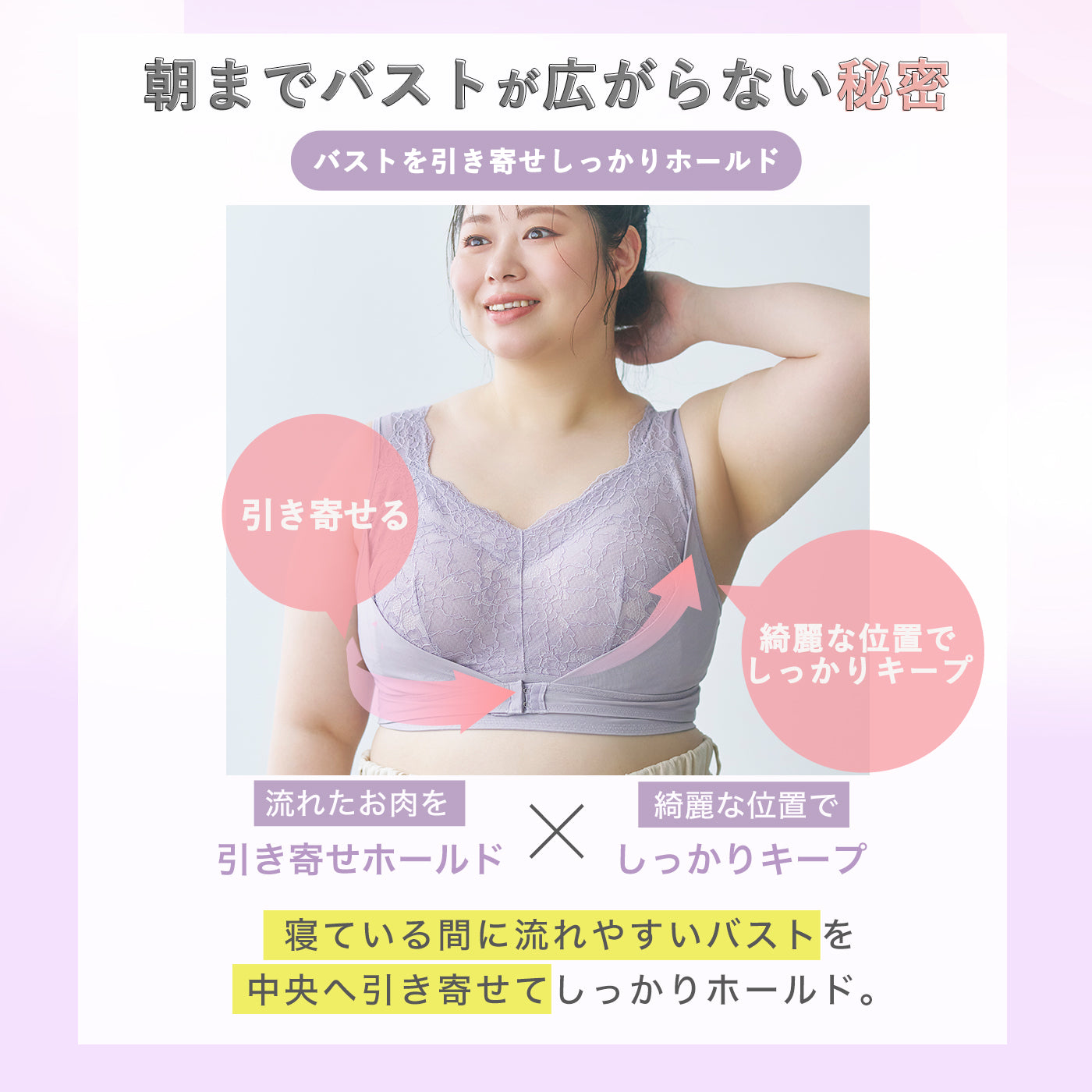 朝までバストが広がらない秘密は、流れたお肉を引き寄せてホールドし、綺麗な位置でしっかりキープするナイトブラの設計。寝ている間に流れやすいバストを中央へ寄せる